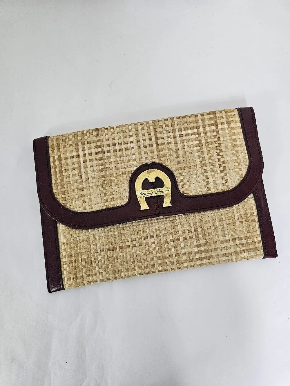 Etienne Aigner Woven Straw Clutch with Burgundy Leather Trim Vintage